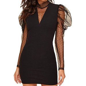NWT French Dot Puff Sleeve Mesh Plunge Mini Dress
